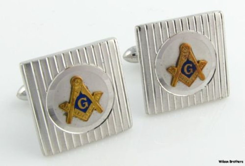 Sterling Silver Gold Plate Square Compass Emblem Member Masonic Cufflinks
