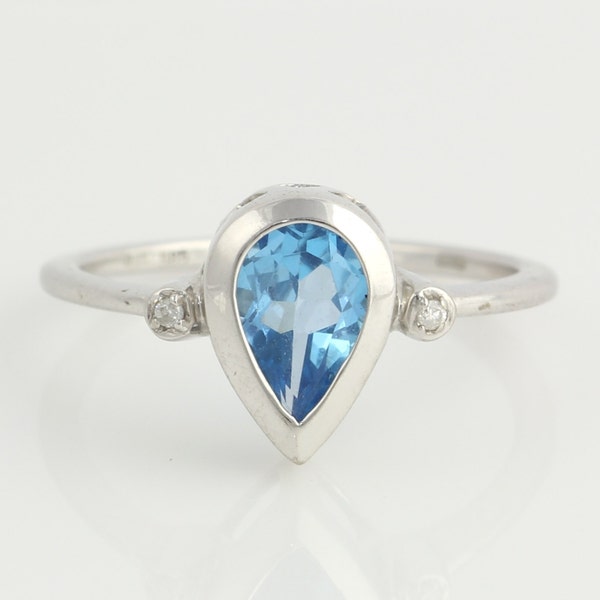 Pear Blue Topaz Diamonds .95CT Ring - 14K White Gold