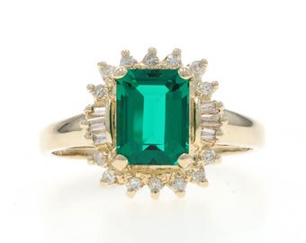 Yellow Gold Lab-Created Emerald Diamond Halo Ring - 14k 1.92ctw