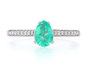 White Gold Emerald & Diamond Ring -18k Pear .85ctw Cathedral Milgrain Engagement