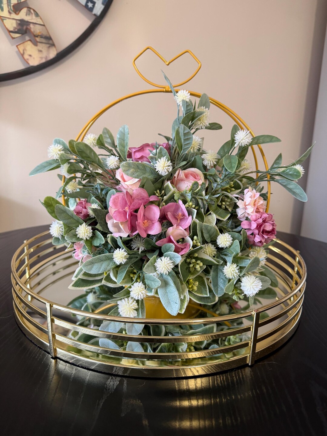 Handmade Floral Table Centrepiece: Pink Flowers, Eucalyptus, Hoop Frame ...