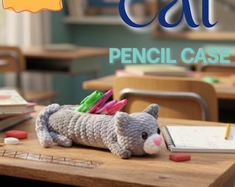 Cat Pencil Case Crochet Pattern, Amigurumi Makeup Bag PDF Tutorial, Handmade Cute Cat Storage for Stationery Gift Idea