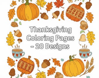 Páginas para colorear de Acción de Gracias / 20 hojas para colorear de otoño imprimibles para niños y adultos / Calabazas de otoño y arte de gratitud / Descarga en PDF
