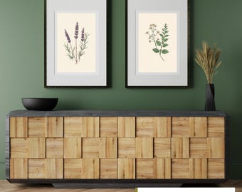 Könnte beinhalten: Zwei gerahmte botanische Kunstdrucke mit Lavendel und anderem Grün. Die Drucke befinden sich in schwarzen Rahmen mit weißen Passepartouts, die über einem Holzschrank mit geometrischem Design ausgestellt sind. Eine schwarze Vase mit getrockneten Pflanzen steht auf dem Schrank.