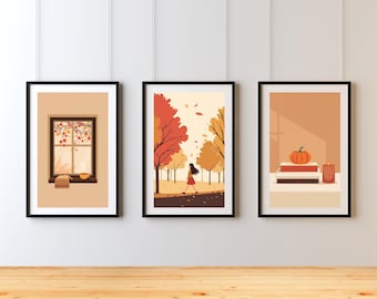 Cozy Autumn Wall Art Prints: Pumpkin, Books, Leaves (Digital Download)