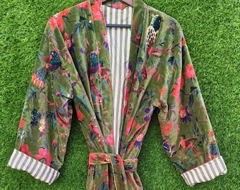 Green Bird Print Velvet Kimono Robe: Indian Morning Coat