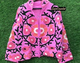 Chaqueta rosa de algodón suave, abrigo bohemio bordado a mano.