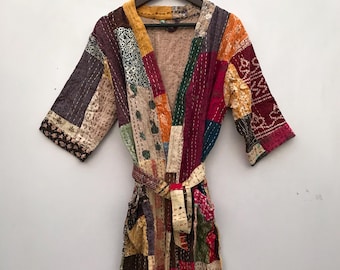 Handmade Cotton Kantha Kimono Robe: Patchwork Cotton Jacket