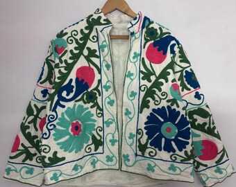 White Handmade Suzani Embroidered Cotton Jacket : Boho Winter Coat