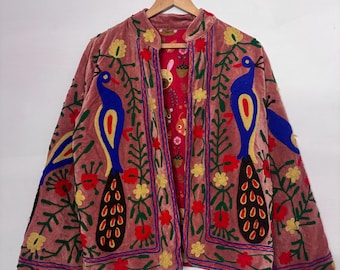 Velvet Suzani Jacket: Peacock Floral Embroidery, Boho Winter Coat