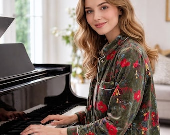 Handmade Velvet Pajama Set: Bird Print Boho Loungewear with Pouch