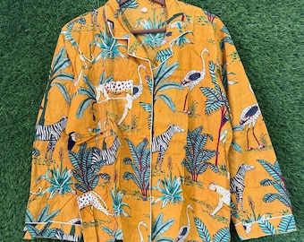 Jungle Print Cotton Pajama Set, Women's Loungewear