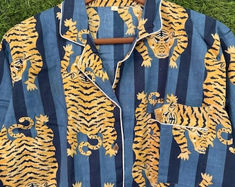 Hand Tiger Print Cotton Pajama Set: Indian PJs