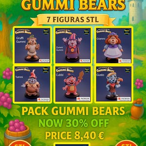 May include: An advertisement for a Gummi Bears figurine pack. The image showcases seven different Gummi Bear character figurines, each with distinct poses and outfits. The background is a cartoon green landscape with text that reads "Pack Gummi Bears Now 30% Off".