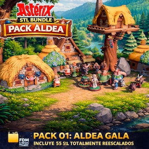 Puede incluir: Una imagen vibrante que muestra un "Asterix STL Bundle" con el texto "Pack Aldea". La escena representa un pueblo con figuras en miniatura, casas y árboles. También es visible el texto "Pack 01: Aldea Gala", que indica una colección de modelos 3D.