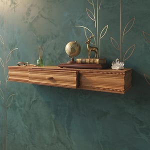 Op de afbeelding: Een houten zwevend rek met een lade, versierd met een globe, boeken, een hertfiguur en een kristal. Het rek is bevestigd aan een teal muur met gouden blad accenten, wat een vintage esthetiek creëert.