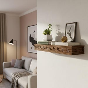 Wooden Floating Shelf – Solid Wood Wall Shelf with Greek Key Carved Detail, Rustic Farmhouse Floating Storage, Decorative Wall Mounted Shelf image 12