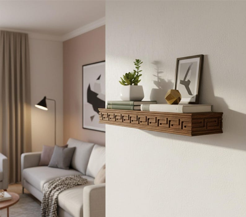Wooden Floating Shelf – Solid Wood Wall Shelf with Greek Key Carved Detail, Rustic Farmhouse Floating Storage, Decorative Wall Mounted Shelf image 12