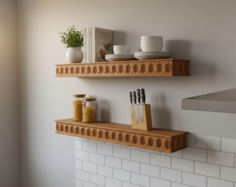Decorative Floating Shelf – Solid Wood Wall Shelf with Carved Front Detail, Rustic Farmhouse Wall Decor, Modern Display Shelf