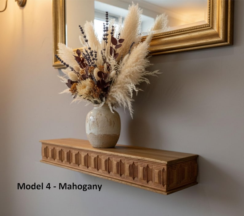 Wooden Floating Shelf – Solid Wood Wall Shelf with Greek Key Carved Detail, Rustic Farmhouse Floating Storage, Decorative Wall Mounted Shelf image 6