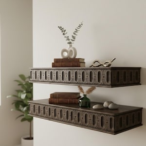 Wooden Floating Shelf – Solid Wood Wall Shelf with Greek Key Carved Detail, Rustic Farmhouse Floating Storage, Decorative Wall Mounted Shelf image 16