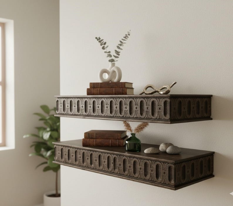 Wooden Floating Shelf – Solid Wood Wall Shelf with Greek Key Carved Detail, Rustic Farmhouse Floating Storage, Decorative Wall Mounted Shelf image 16