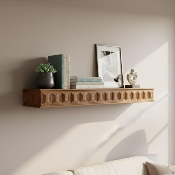 Wooden Floating Shelf – Solid Wood Wall Shelf with Greek Key Carved Detail, Rustic Farmhouse Floating Storage, Decorative Wall Mounted Shelf