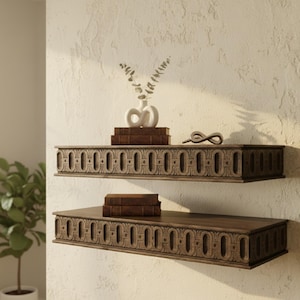 Wooden Floating Shelf – Solid Wood Wall Shelf with Greek Key Carved Detail, Rustic Farmhouse Floating Storage, Decorative Wall Mounted Shelf image 15