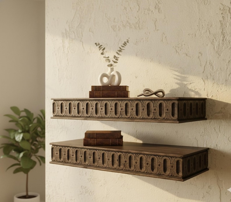 Wooden Floating Shelf – Solid Wood Wall Shelf with Greek Key Carved Detail, Rustic Farmhouse Floating Storage, Decorative Wall Mounted Shelf image 15