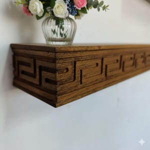 Wooden Floating Shelf – Solid Wood Wall Shelf with Greek Key Carved Detail, Rustic Farmhouse Floating Storage, Decorative Wall Mounted Shelf image 9