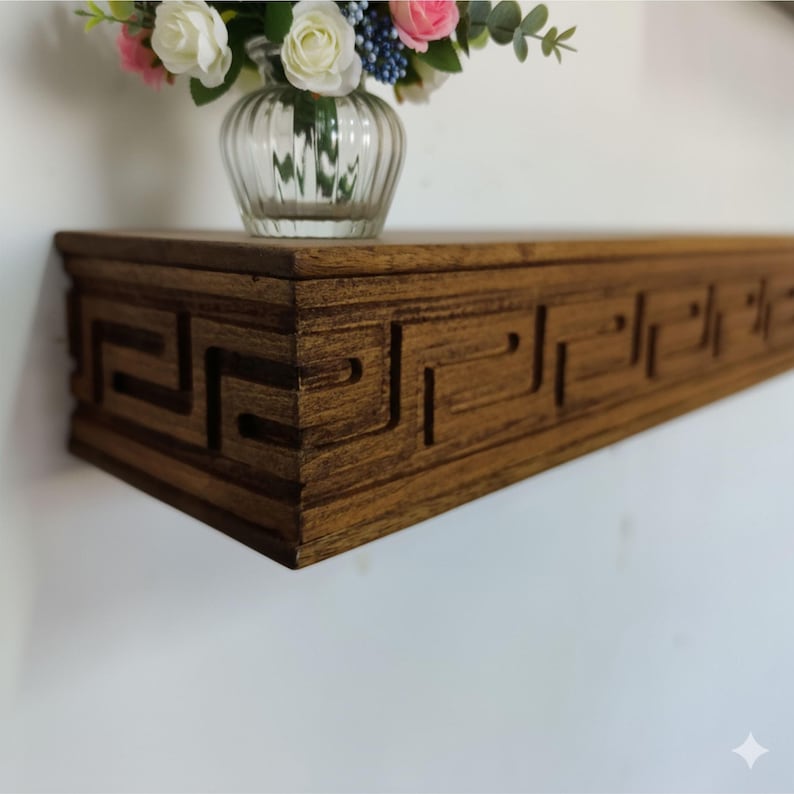 Wooden Floating Shelf – Solid Wood Wall Shelf with Greek Key Carved Detail, Rustic Farmhouse Floating Storage, Decorative Wall Mounted Shelf image 9