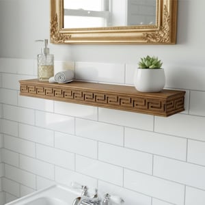 Wooden Floating Shelf – Solid Wood Wall Shelf with Greek Key Carved Detail, Rustic Farmhouse Floating Storage, Decorative Wall Mounted Shelf image 11