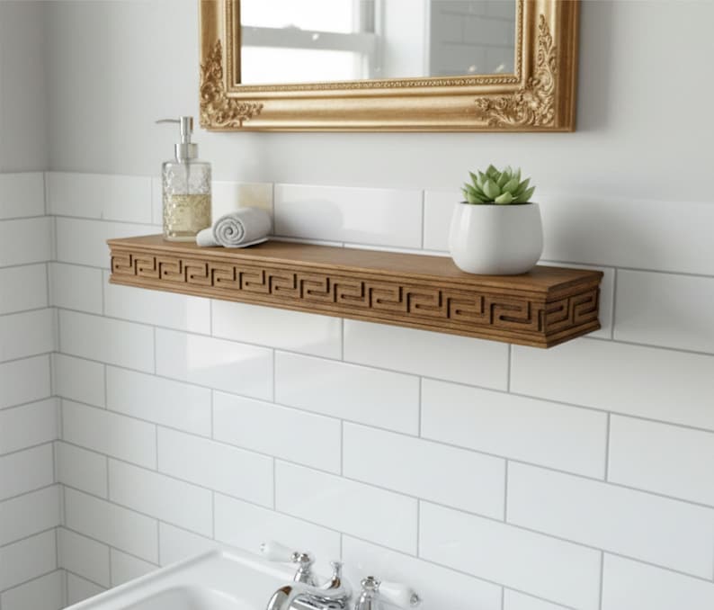Wooden Floating Shelf – Solid Wood Wall Shelf with Greek Key Carved Detail, Rustic Farmhouse Floating Storage, Decorative Wall Mounted Shelf image 11