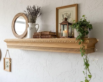 Handmade Wooden Floating Shelf with Ornate Carved Detailing, Rustic Farmhouse Wall Shelf for Living Room Display, Entryway Storage
