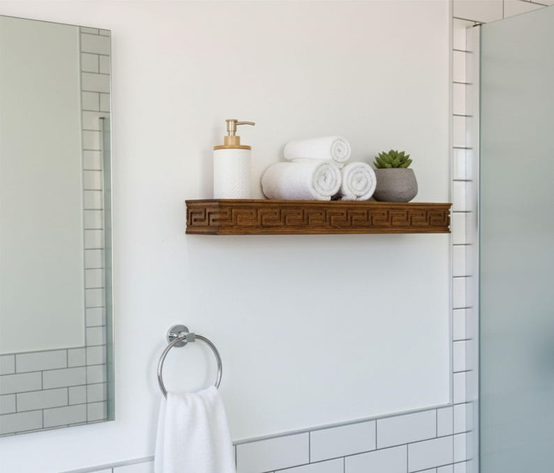 Wooden Floating Shelf – Solid Wood Wall Shelf with Greek Key Carved Detail, Rustic Farmhouse Floating Storage, Decorative Wall Mounted Shelf image 10