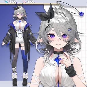 Op de afbeelding: Een anime-achtig personage met zilver haar, paarse ogen en puntige oren. Het personage draagt een witte jurk, een zwarte jas met blauwe accenten en zwarte laarzen. Een zwarte choker en een blauwe edelsteenketting zijn ook zichtbaar.