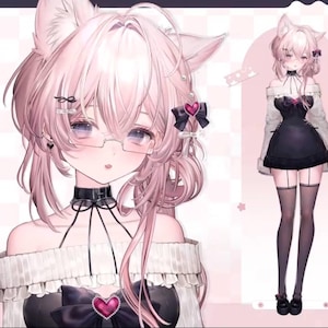 May include: Digital illustration of a character with pink hair, cat ears, and glasses. The character wears a black dress with a heart-shaped detail and a choker. A second image shows the full body of the character.