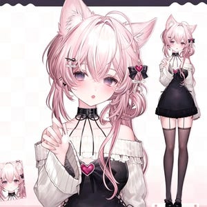 May include: An anime-style character illustration featuring a figure with light pink hair, cat ears, and purple eyes. The character wears an off-the-shoulder white top with a black bodice, a heart-shaped pendant, a black choker, and black stockings.