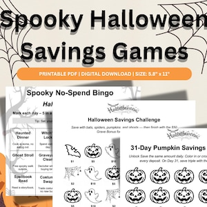 Puede incluir: Una descarga digital imprimible con juegos de ahorro temáticos de Halloween. El diseño incluye una telaraña, una calabaza y el texto "Spooky Halloween Savings Games". El tamaño es de 14,7 cm x 27,9 cm. También hay desafíos de ahorro con calabazas, fantasmas y murciélagos.
