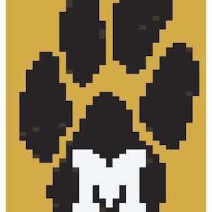 Pode incluir: Um design de pegada pixelizada em preto, com um "M" branco no centro, sobre um fundo dourado. O texto "Mizzou (Copy)" e "Made with KozyGrid" também estão presentes.