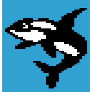 Puede incluir: Ilustración pixelada de una orca en blanco y negro sobre un fondo azul claro. La orca presenta sus marcas distintivas, incluyendo una mancha blanca cerca del ojo y una aleta dorsal. La imagen incluye el texto "Orca (Copy)" y "Made with KozyGrid".