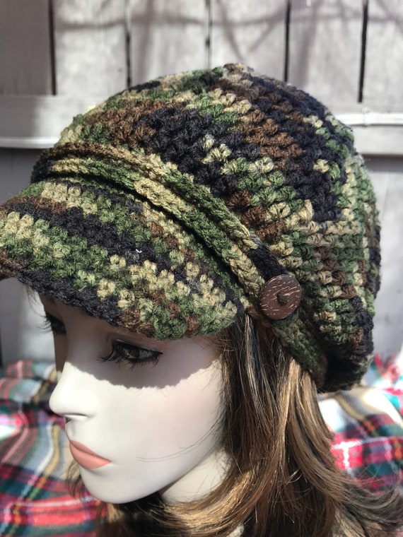 Negro Verde Camuflaje Estilo Newsboy Sombrero Crochet Slouchy Newsboy Gorra Gorro Negro Adulto Con Gorra De Boina De Visera Etsy