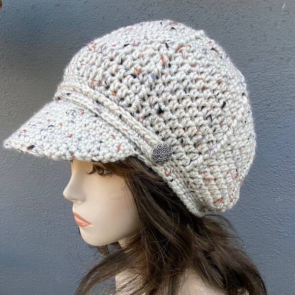 Aran fleck Style Newsboy Hat Crochet Slouchy Newsboy Cap Gorro negro para adultos con visera boina Tweed Cap