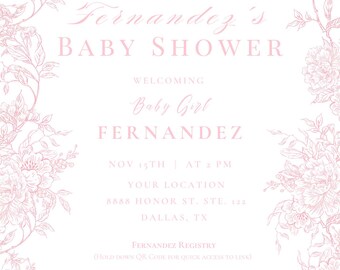 Op de afbeelding: Een roze babyborrel uitnodiging met bloemmotieven. De tekst luidt "Fernandez's Baby Shower" en verwelkomt "Baby Girl Fernandez". Datum, tijd en locatie in Dallas, TX zijn ook opgenomen.