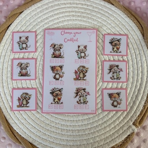 May include: A rectangular card with the text Choose your Cocktail and six individual square stickers featuring illustrations of animals with drinks. The card displays six rows of animal characters with price boxes below each, and six separate stickers.