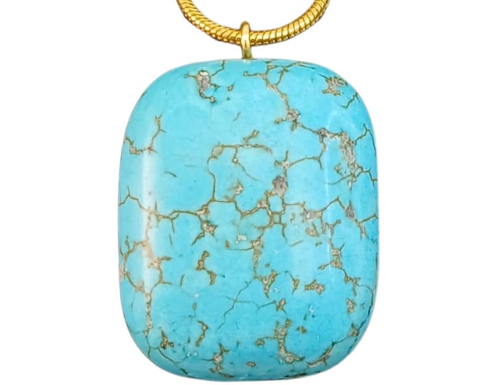 Turquoise China Blue Stone Pendant Necklace. Rectangular Stone with Gold or Silver Chain.