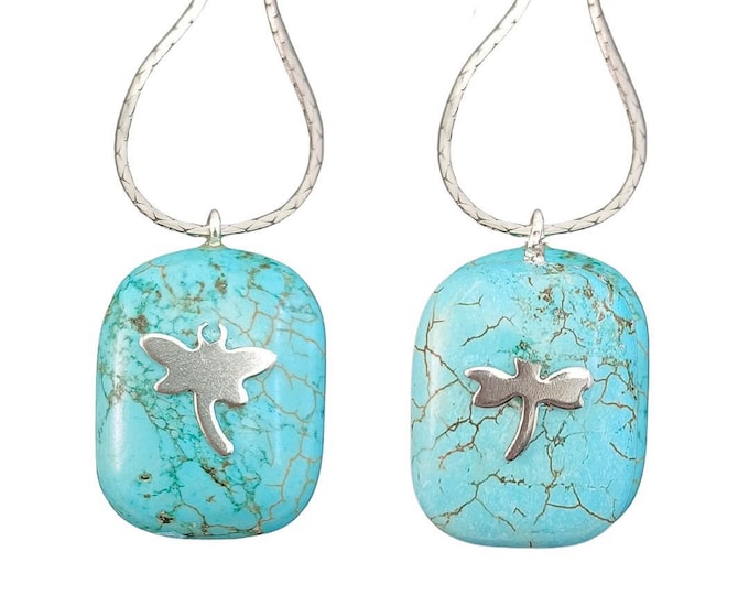 Turquoise China Blue Stone Pendant Necklace with Dragonfly Charm and Silver Chain