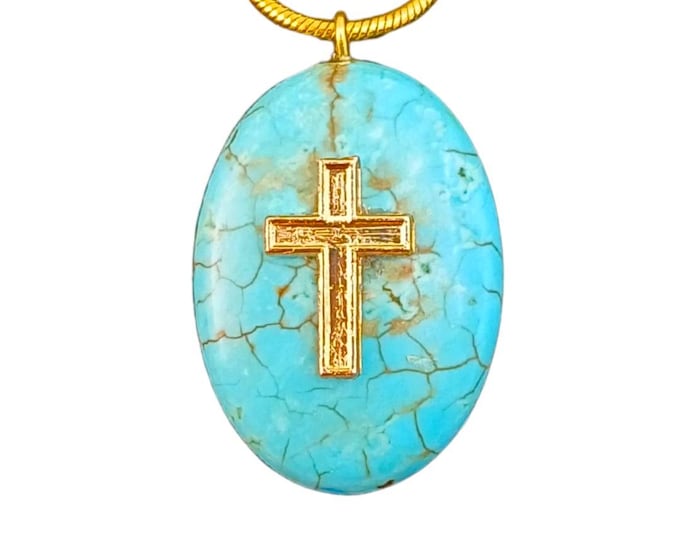 Turquoise Blue Oval Pendant Necklace with Gold Cross / Gemstone Religious Jewelry Gift for Women