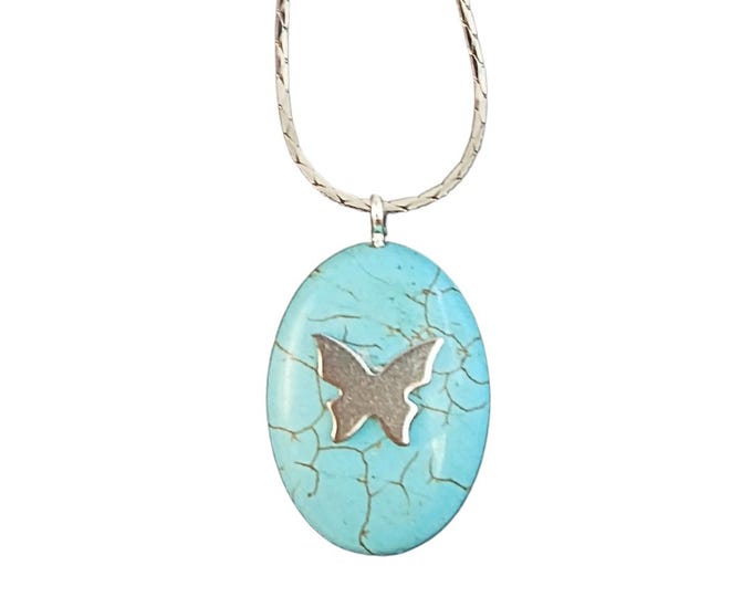 Turquoise Oval China Blue Stone Pendant Necklace with Butterfly Charm and Silver Chain