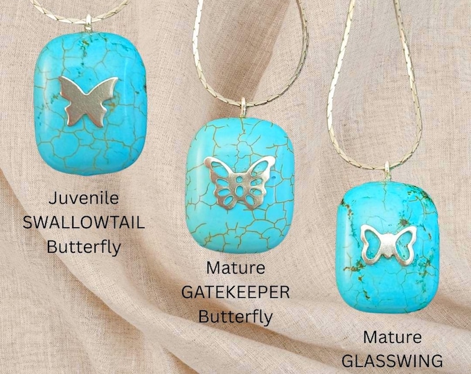 Turquoise China Blue Stone Pendant Necklace with Butterfly Charm and Silver Chain